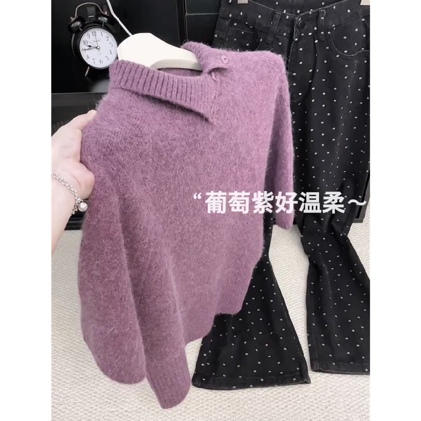 葡萄紫韩系翻领针织上衣女