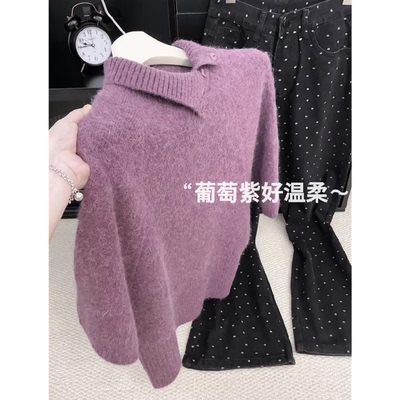 葡萄紫韩系翻领针织上衣女