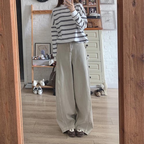 秋季浅卡其通勤高腰遮胯阔腿裤