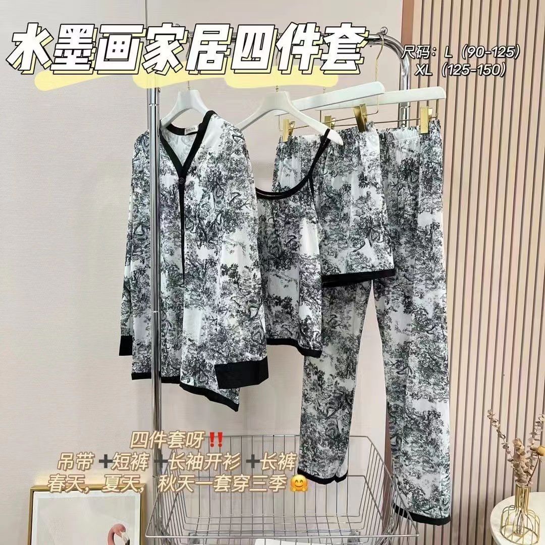 国潮风水墨画冰丝居家服四件套女夏新款时尚印花宽松大码睡衣套装-封面