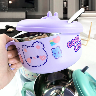 碗學生食堂打飯防燙宿舍泡面碗帶蓋不銹鋼飯盒易清洗方便面碗卡通