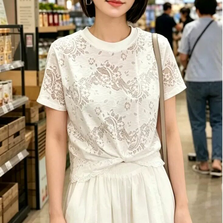韩版温柔风钩花镂空蕾丝短袖t恤女2026新款慵懒显瘦遮肉宽松上衣