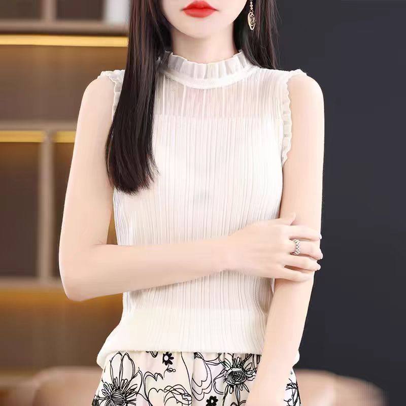 2025新款秋冬高档蕾丝针织背心半高领网纱打底衫内搭修身无袖上衣