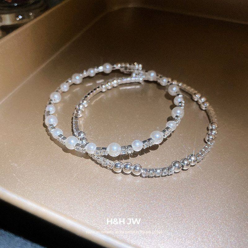 复古镶钻珍珠简约手镯ins开口风手饰高级感手环串珠时尚法式轻奢