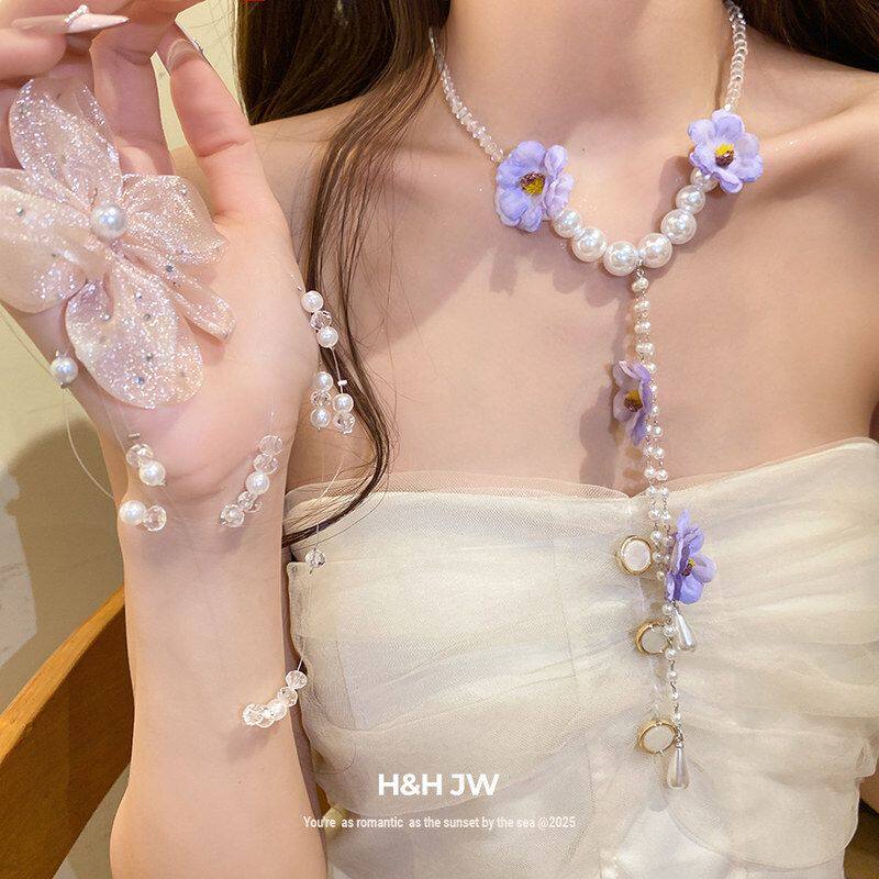 小项饰锁骨链轻奢花朵高级感雪纺甜美简约女串珠清新时尚珍珠项链