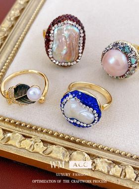 高级感中古vintage镶钻真金几何女指环电镀复古戒指手饰珍珠小众