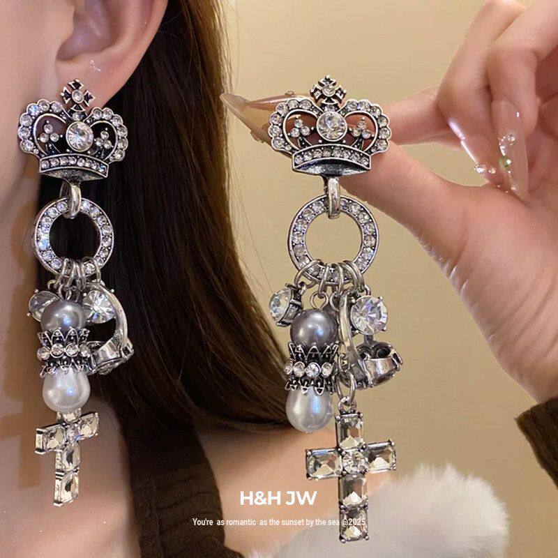 镶钻复古珍珠银针耳环吊坠小众轻奢气质耳钉皇冠耳饰高级感设计感