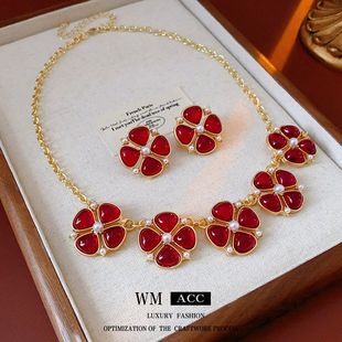 輕奢中古款 套裝 vintage項(xiàng)鏈?zhǔn)罪棜赓|(zhì)銀針花朵珍珠人造耳環(huán)高級(jí)感