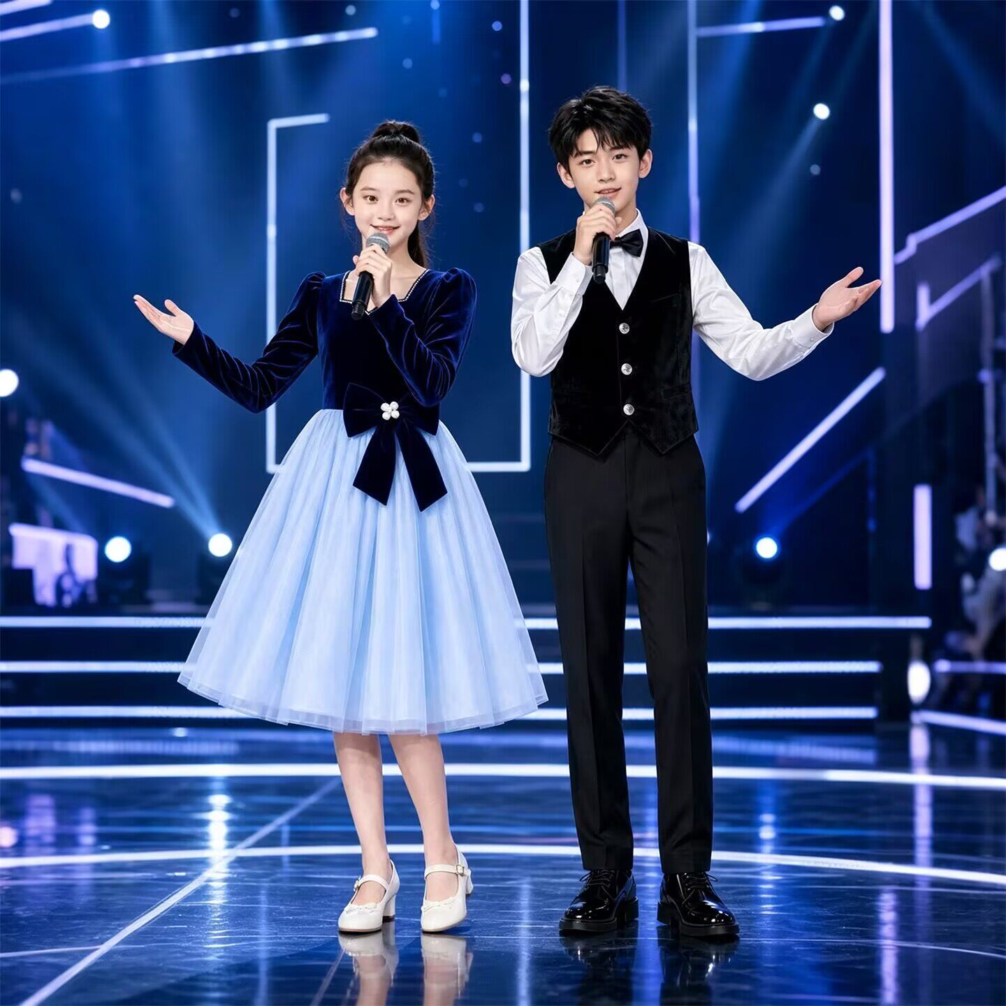 儿童合唱演出服男女童蓝色蓬蓬裙主持礼服舞台中小学生表演服套装
