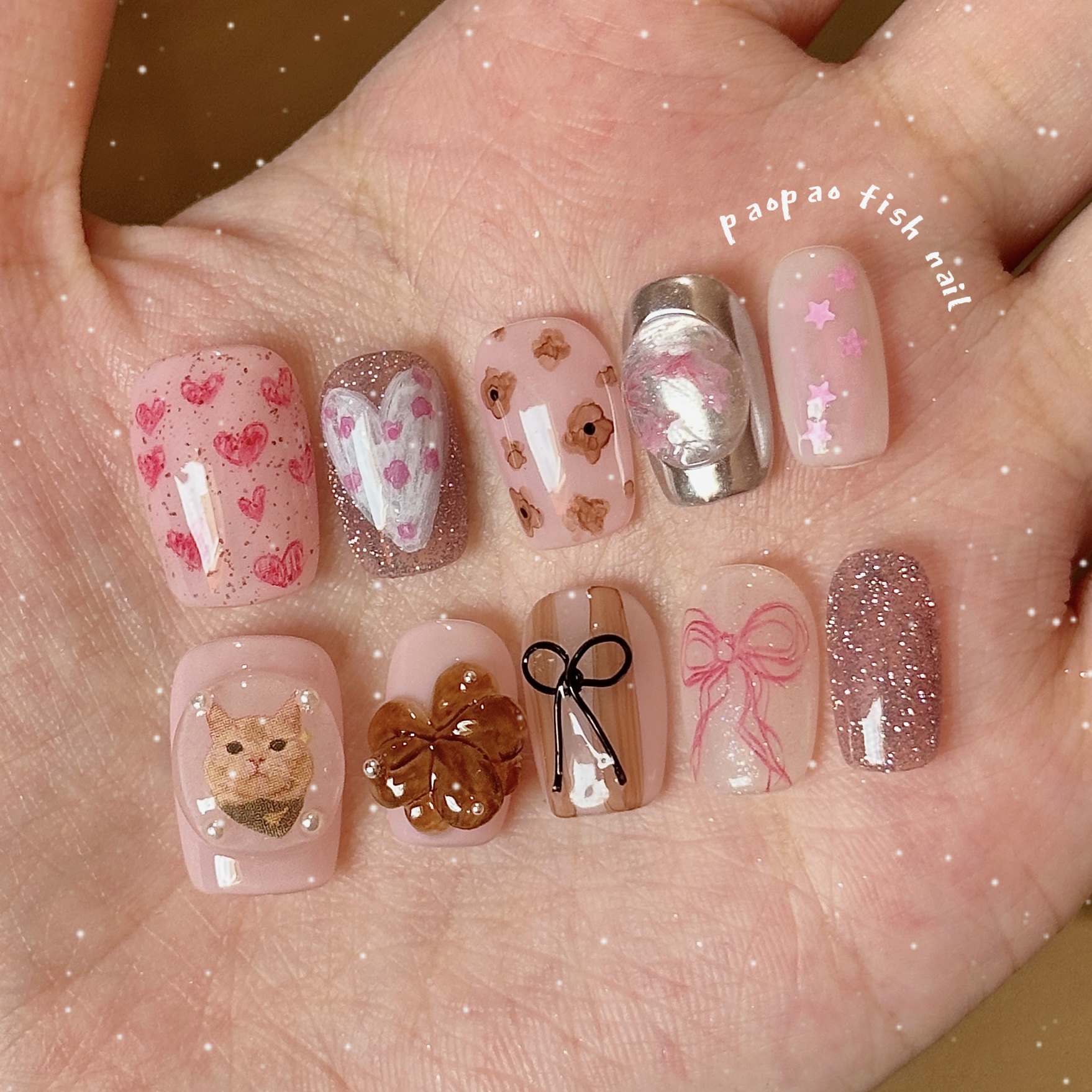 粉棕ins风可爱花花立体穿戴甲