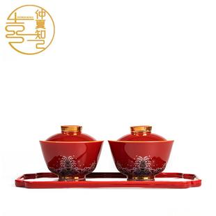 对喜碗婚礼红色喜杯陪嫁婚庆用品大全 结婚新人改口敬茶杯礼盒套装
