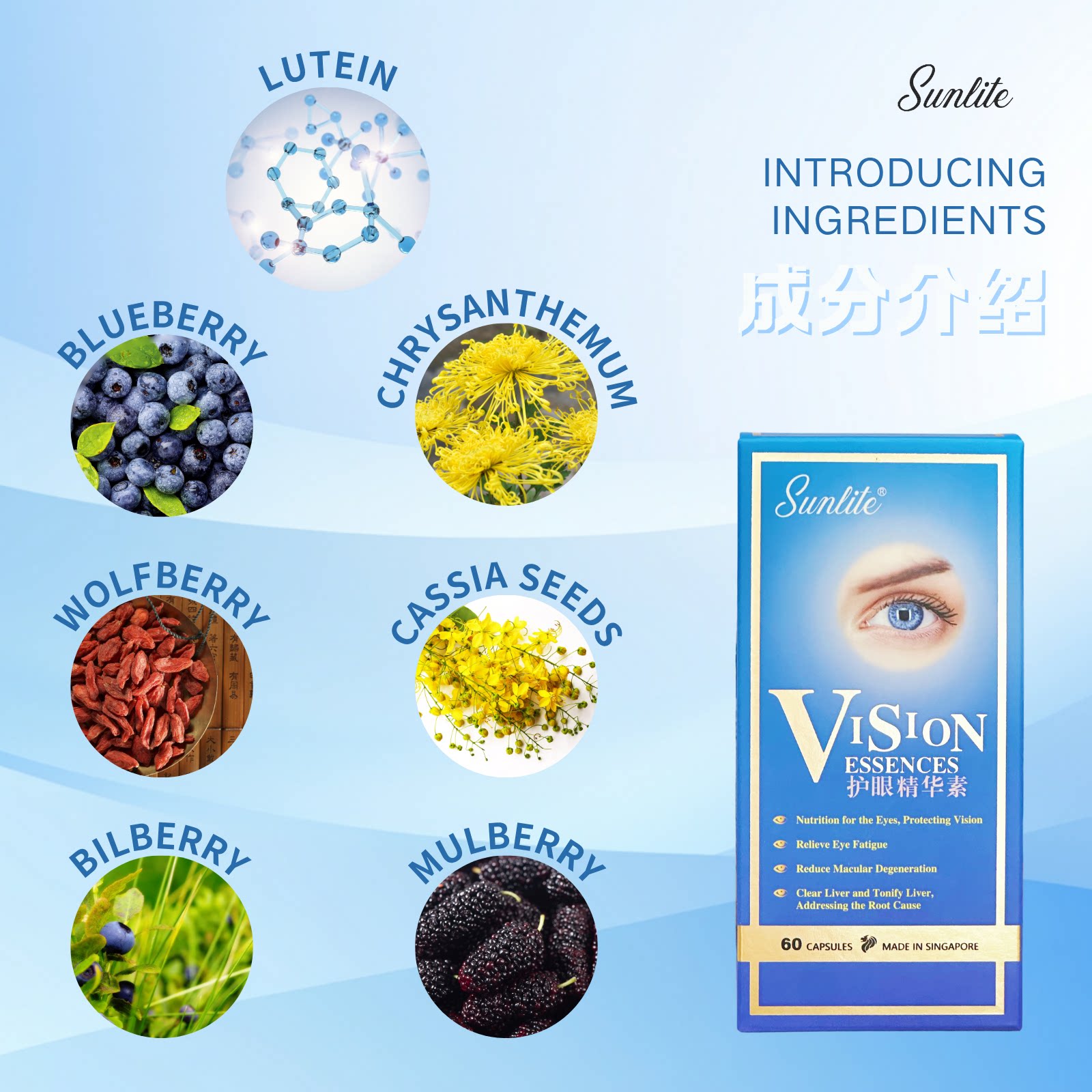 Sunlite护眼保健60粒眼睛电脑疲劳视力健康天然配方