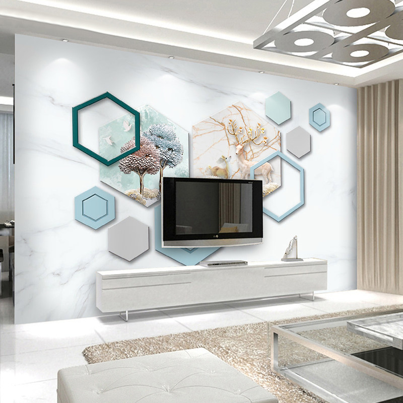 8d电视背景墙护墙板简约北欧几何麋鹿卧室竹木纤维墙板客厅影视墙