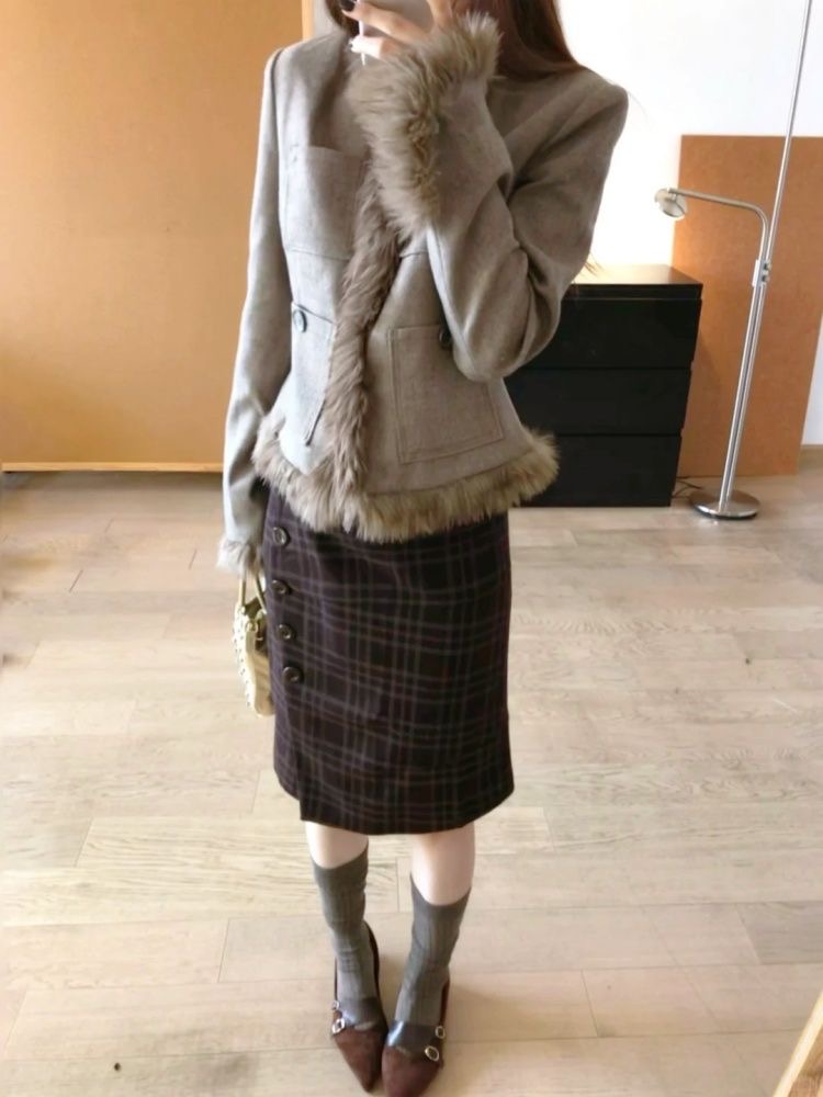 韩系高级感套装女冬季新款气质百搭毛绒拼接外套格纹半身裙两件套