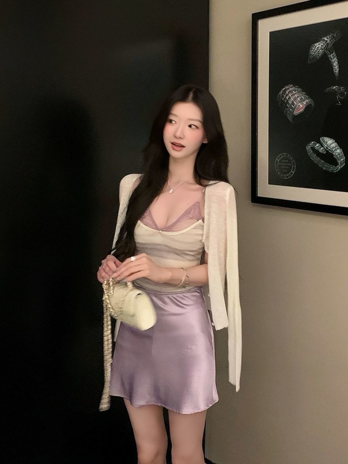 三件套 张宥利 “莫奈花紫色”晕染假两件条纹吊带开衫+缎面半裙