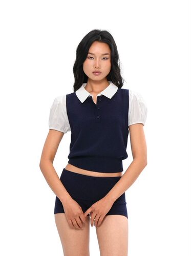 SweetChilling26春针织polo领假两件毛衣小上衣针织短裤现货秒发