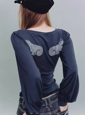 原设计创灯笼袖上衣女后背翅膀设计秋季收腰显瘦t恤外穿简约长袖