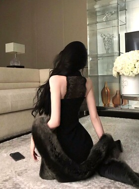 JAYKY YANG【蕾丝定律】蕾丝花边U字挂脖连衣裙修身打底针织长裙