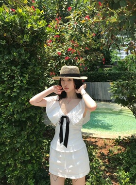 sheepland花园雏碟 V领系带蝴蝶结荷叶边短袖T恤女夏收腰显瘦上衣