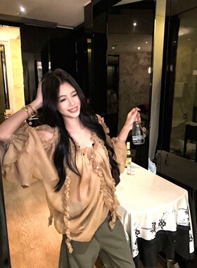 镂空木耳边长袖衬衫女装秋季法式设计感衬衣别致小众宽松气质上衣