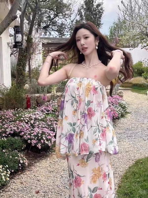 莫奈花园 复古碎花抹胸套装女夏温柔鱼尾半裙假两件套