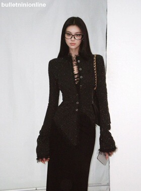 BulletNiin小香风黑闪闪弹力薄花呢收腰修身显瘦不规则秋冬外套女