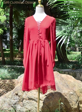 L&S秋季小众设计师款超重工大红色礼服连衣裙新中式显白新娘回门