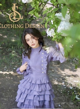 法式约会穿搭新品现货小众设计纯棉温柔紫色重工刺绣显瘦套装裙