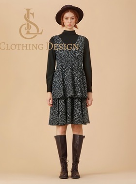 春季新品现货小众设计黑色碎花背心塔裙超显瘦