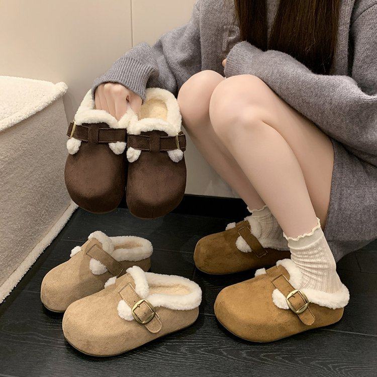 桑坡勃肯鞋加绒毛毛拖鞋女外穿冬季一脚蹬半拖平底包头棉拖