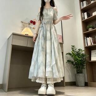 少女甜美露肩系带收腰连衣裙2026夏装新款初高中学生荷叶边A字裙