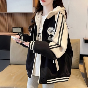 加绒加厚棒球服女冬季棉服初高中学生宽松休闲大码连帽卫衣外套潮