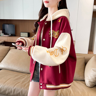 美式撞色刺绣棒球服外套女秋冬款宽松休闲初高中学生连帽夹克上衣