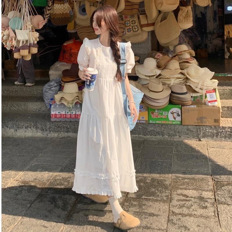 泡泡袖连衣裙夏季12岁大童13少女孩15初中高中学生甜美白色长裙子