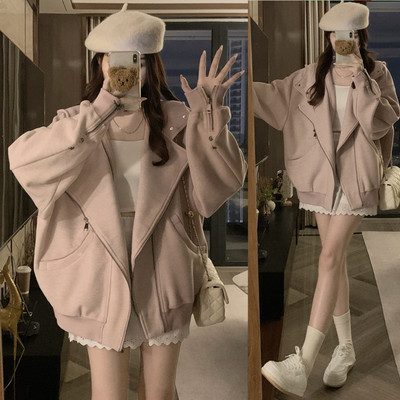 外套女明星同款美式藕粉色空气层开衫外套女秋季连帽卫衣运动上衣