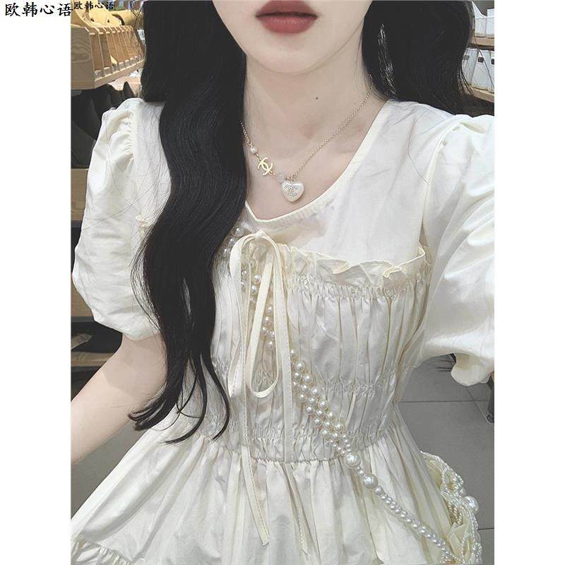 茶歇法式褶皱连衣裙女夏泡