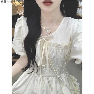 茶歇法式 高级感气质收腰仙女温柔风初恋长裙 褶皱连衣裙女夏泡泡袖