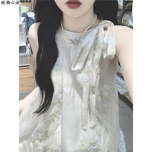 女夏宽松气质绝美奶fufu温柔初恋长裙 挂颈洋装 法式 初恋刺绣无袖