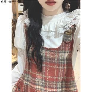 法式复古红色毛呢格子连衣裙女秋冬两件套气质收腰学院风初恋长裙