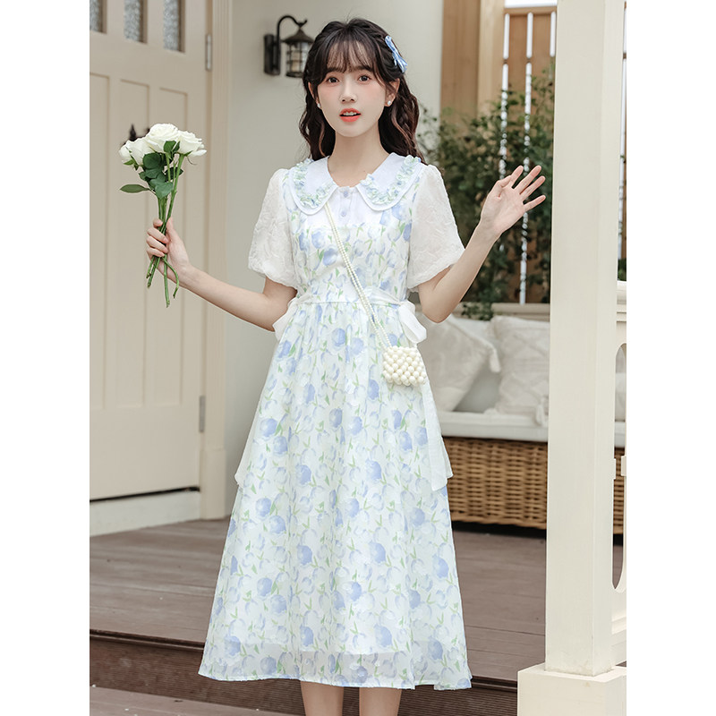甜美小清新娃娃领碎花连衣裙女装夏季2025新款森系少女裙子郁金香