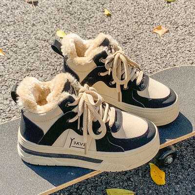 加绒保暖高帮厚底棉鞋女款2025冬季新款增高东北防滑外穿加棉板鞋