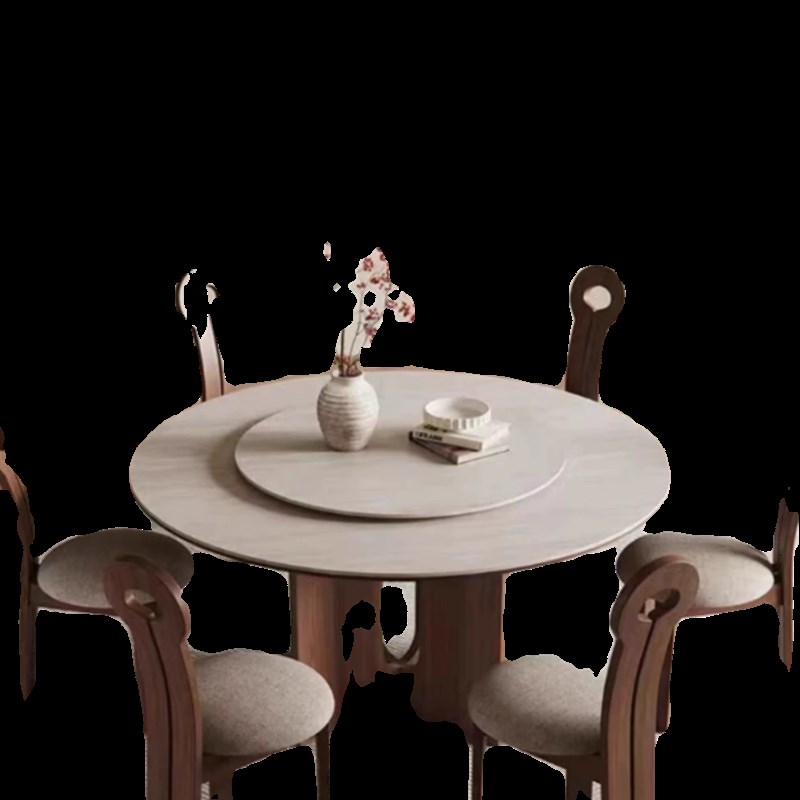 中古风进口洞j石实木圆餐桌家用小户型饭桌胡桃木圆桌