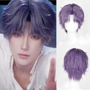 祁煜cos假发游戏恋与深空cosplay假毛打毛仿真头皮反翘紫色短发套