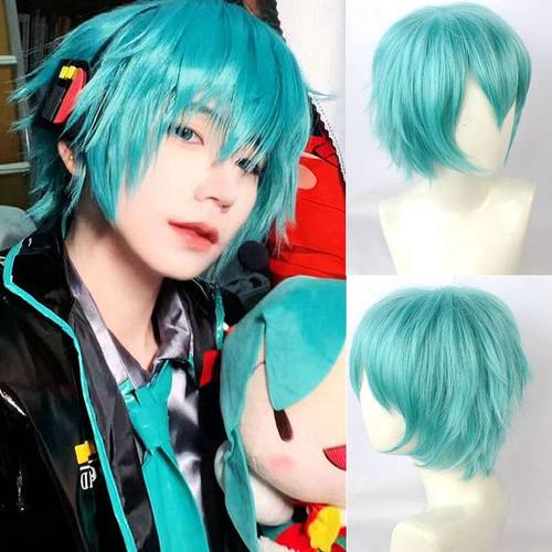 初音未来假发男生cos假毛vocaloid水蓝色初音性转短发头套 mikuo