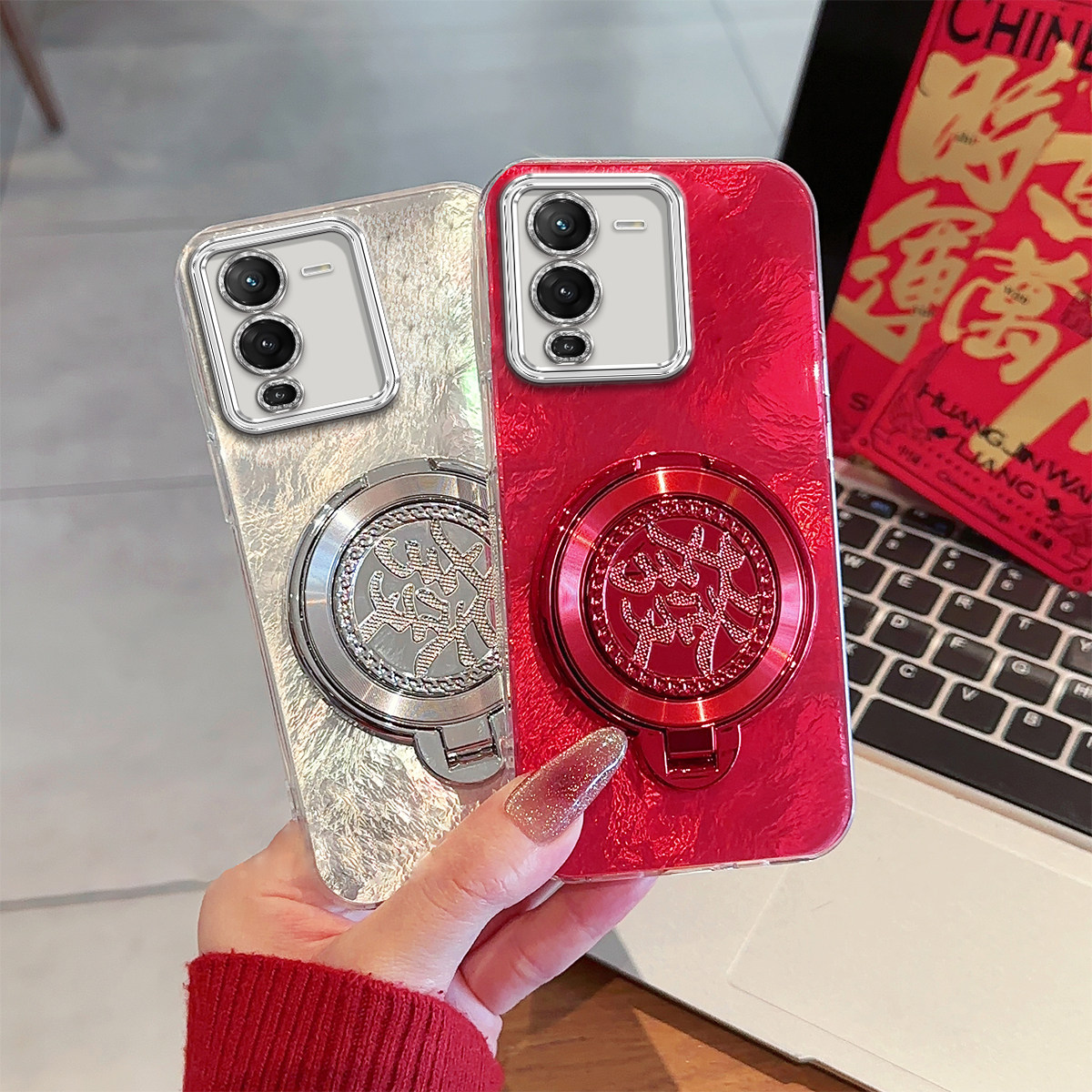 适用vivos15/s16发字旋转支架y52s冰川纹x50/x60自带镜头膜x70/x80pro手机壳y77/y78新年款s18/s19pro高颜值