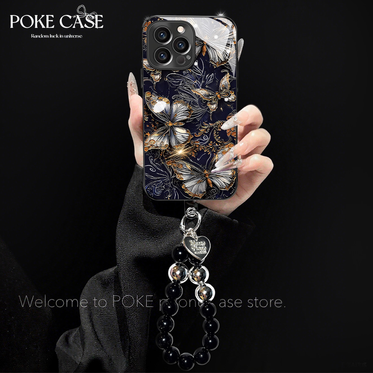 金边蝴蝶适用苹果15pro国风创意OPPOreno5钛灰电镀玻璃手机壳vivoy100全包一加ace2华为mate60手链红米note12