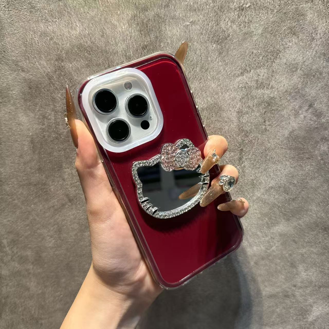 ins安可拉红水钻kt猫镜子适用苹果16promax手机壳iphone15高级感14pro新款13promax网红12女11硅胶防摔保护壳