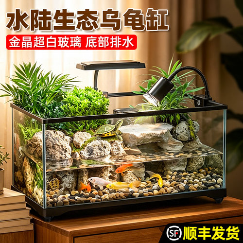 懒人福利乌龟缸带晒爬台生态造景