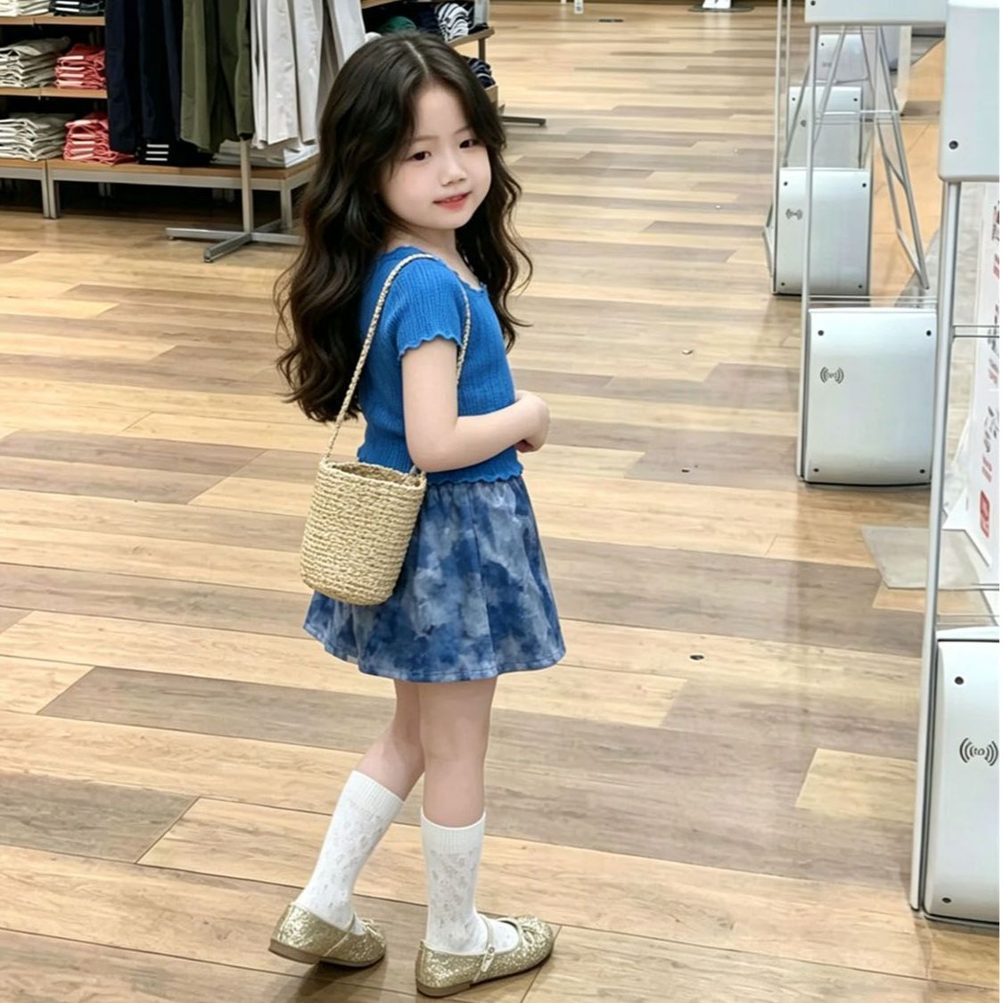 女童夏季蓝色薄款针织短袖碎花裙两件套韩版T恤A字裙休闲裙子套装