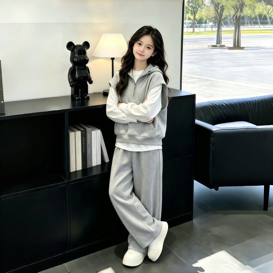 女童春秋款运动套装洋气上衣马甲阔腿裤三件套女孩休闲卫衣套装潮